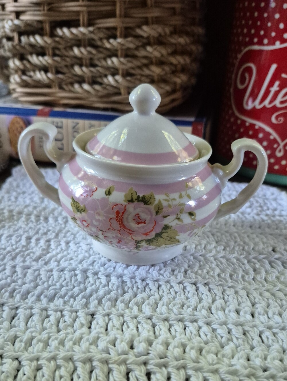 Nantucket Home "Pink Peony" Ceramic Floral Pink/White Stripes Sugar Bowl